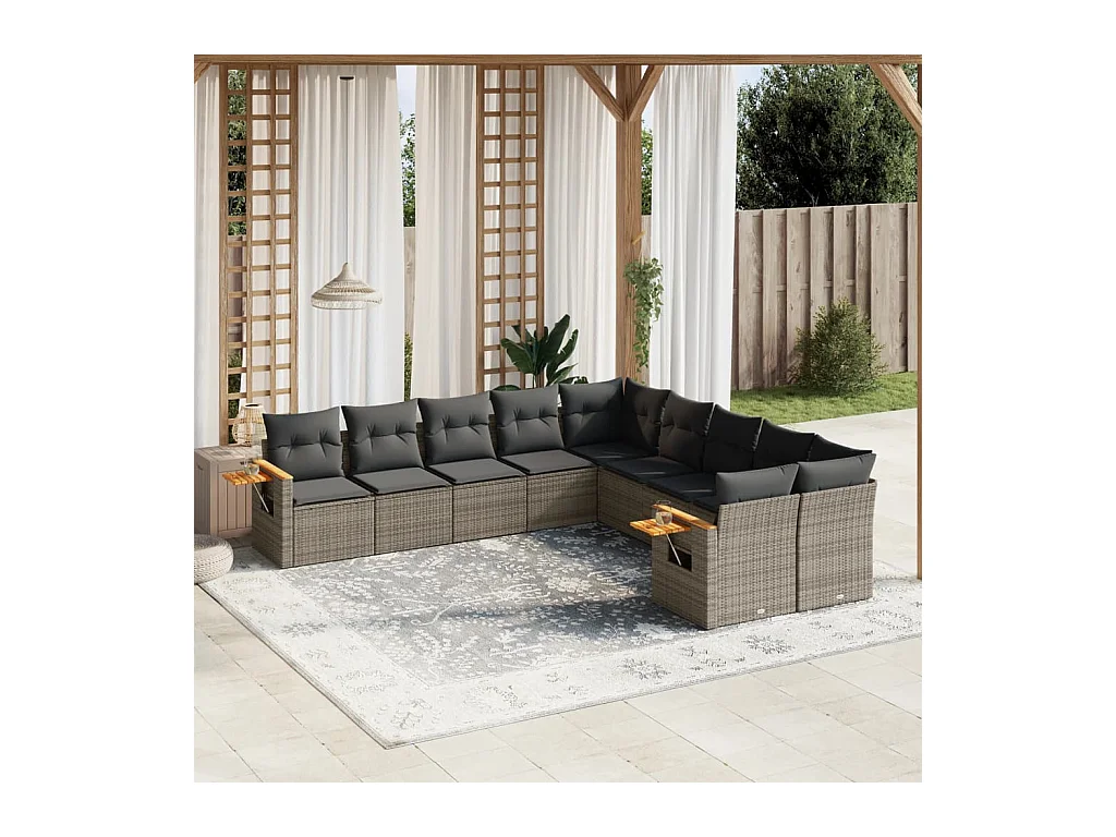 10-delige Loungeset met kussens poly rattan grijs