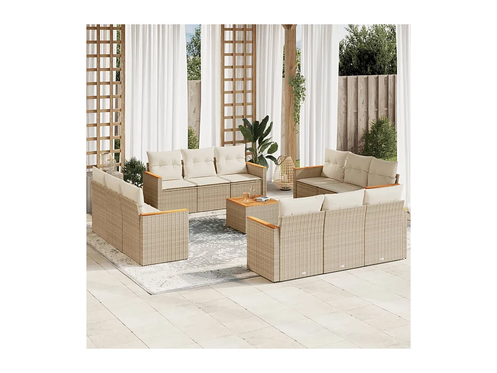 Salon de jardin avec coussins 13 pcs beige résine tressée
