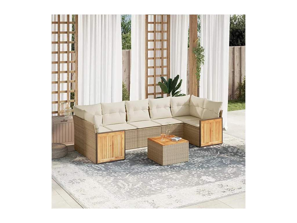Salon de jardin avec coussins 8 pcs beige résine tressée