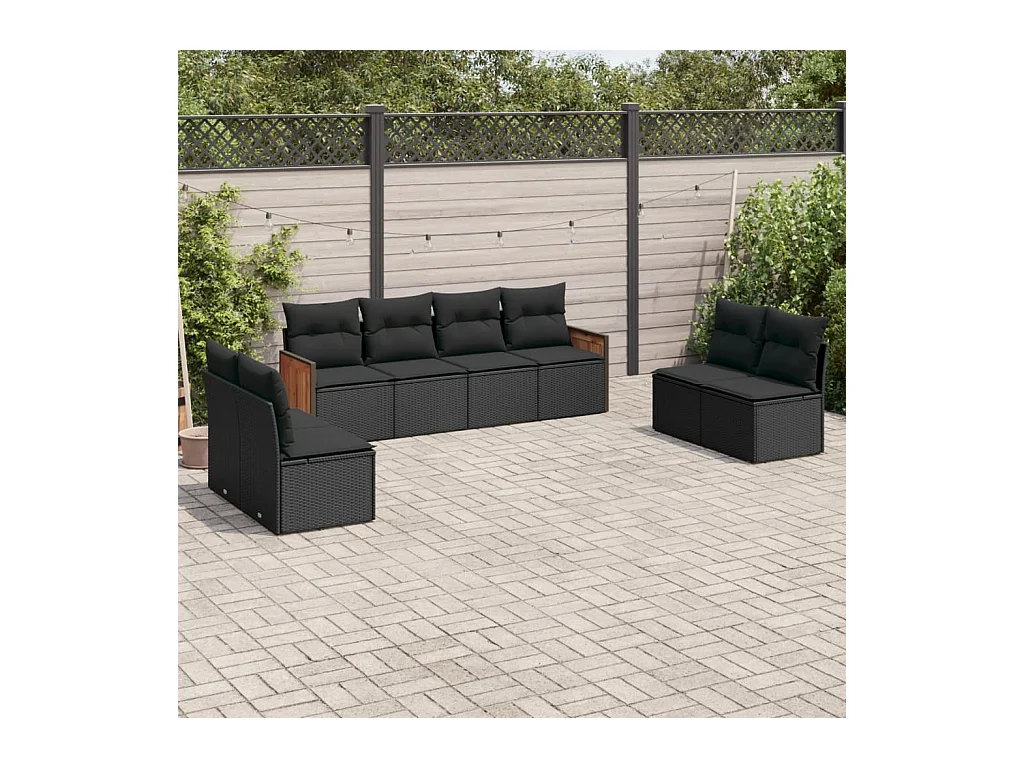 Salon de jardin 8 pcs avec coussins noir résine tressée