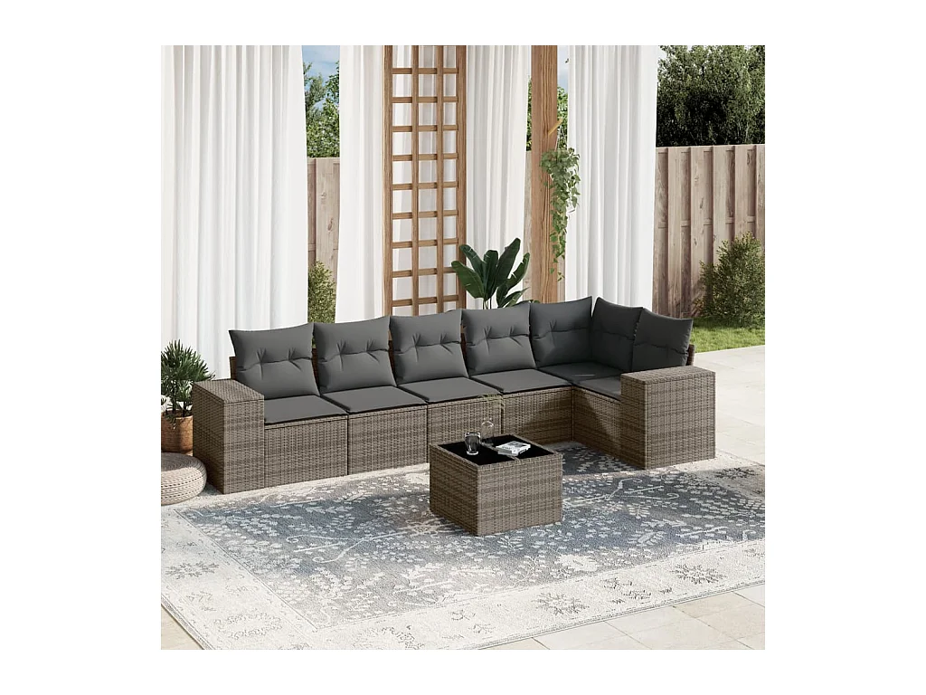 7-delige Loungeset met kussens poly rattan grijs