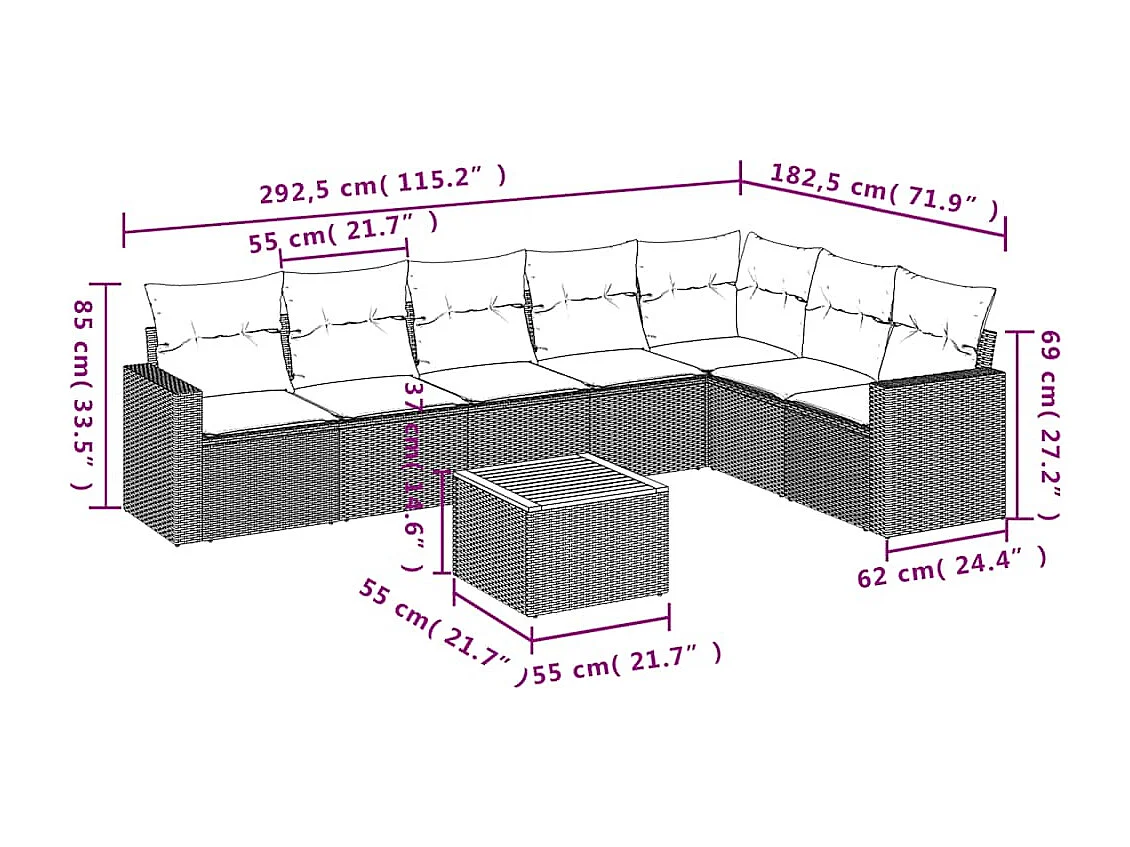 Salon de jardin 8 pcs avec coussins noir résine tressée