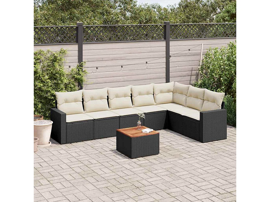 Salon de jardin 8 pcs avec coussins noir résine tressée
