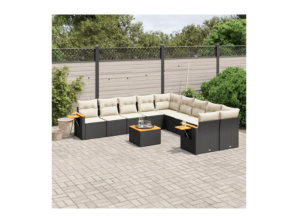 11-delige Loungeset met kussens poly rattan zwart