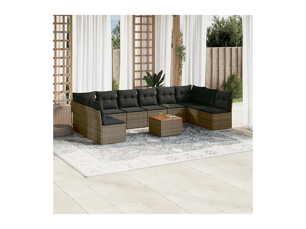 11 pcs conjunto sofás de jardim c/ almofadões vime PE cinzento