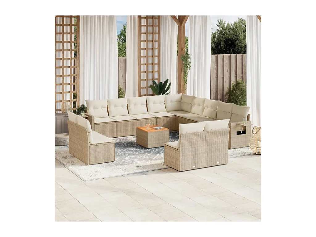 Salon de jardin avec coussins 14 pcs beige résine tressée