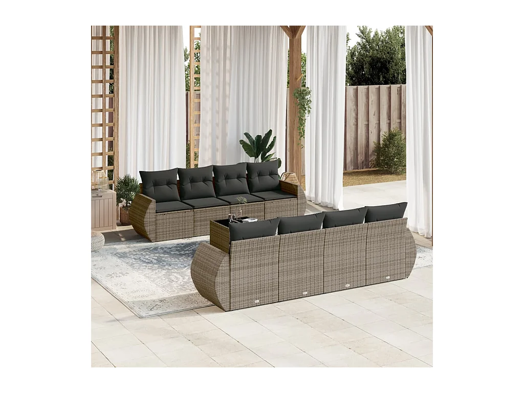 Salon de jardin 9 pcs avec coussins gris résine tressée