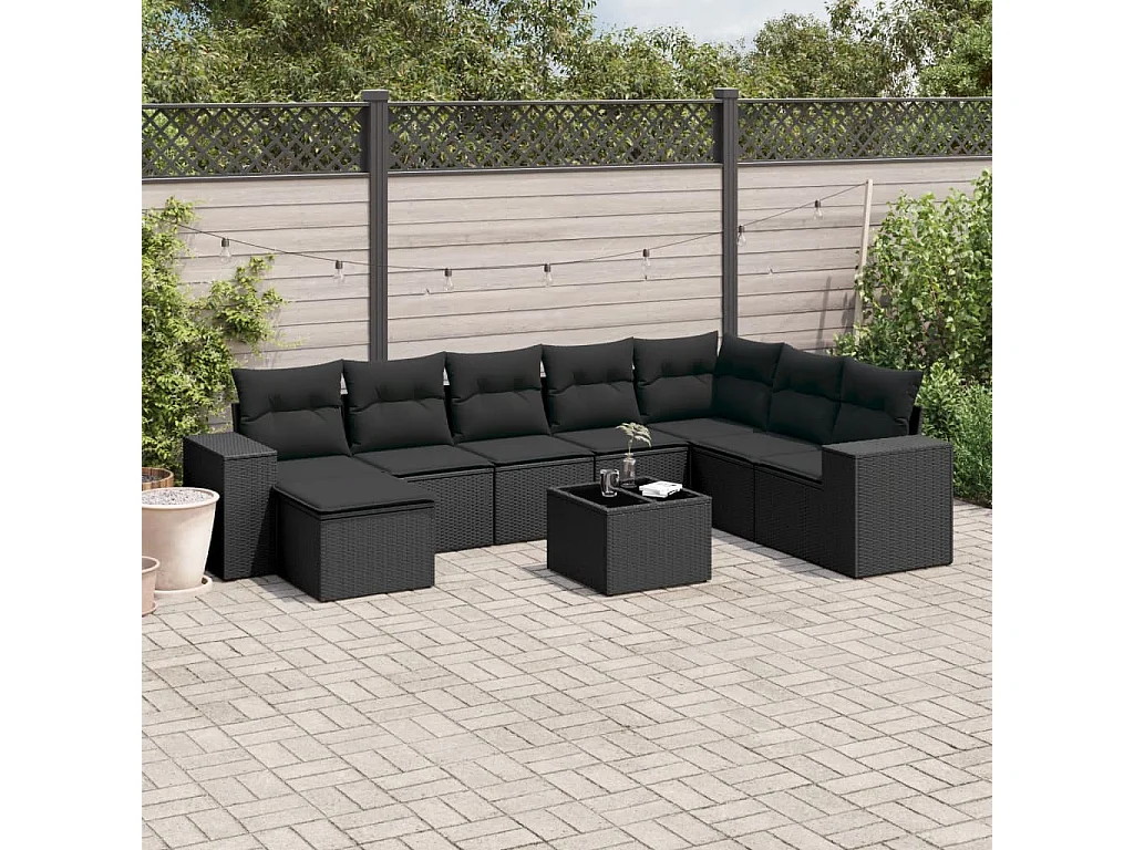 9 pcs conjunto de sofás p/ jardim c/ almofadões vime PE preto
