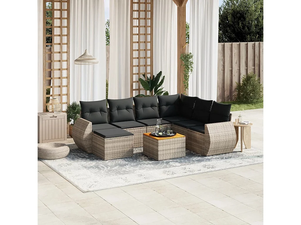 8-delige Loungeset met kussens poly rattan grijs