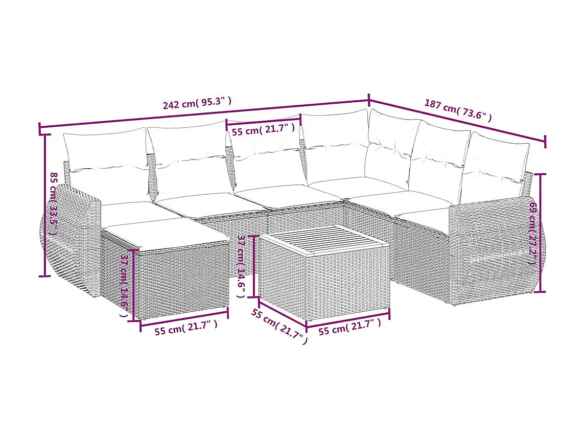 8-delige Loungeset met kussens poly rattan grijs