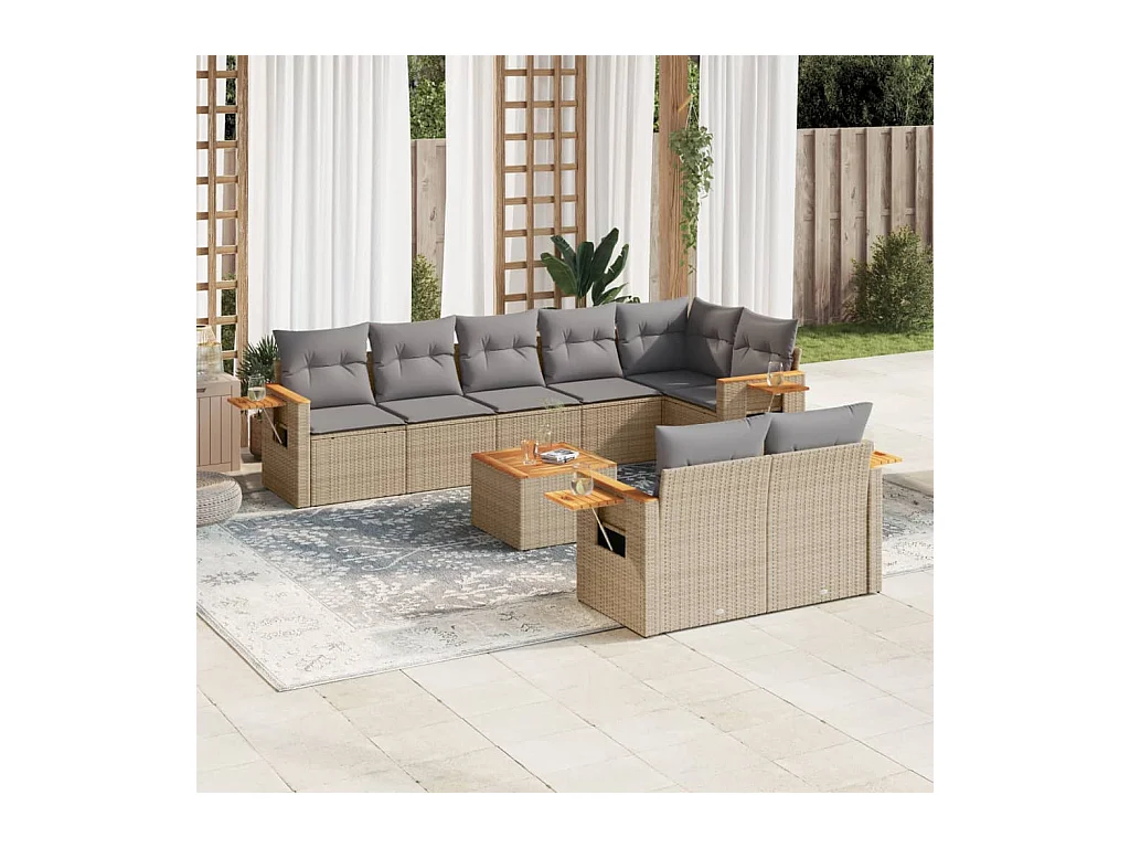 Salon de jardin avec coussins 9 pcs beige résine tressée