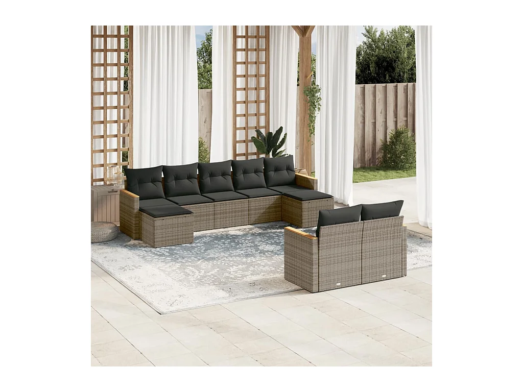 Salon de jardin 9 pcs avec coussins gris résine tressée