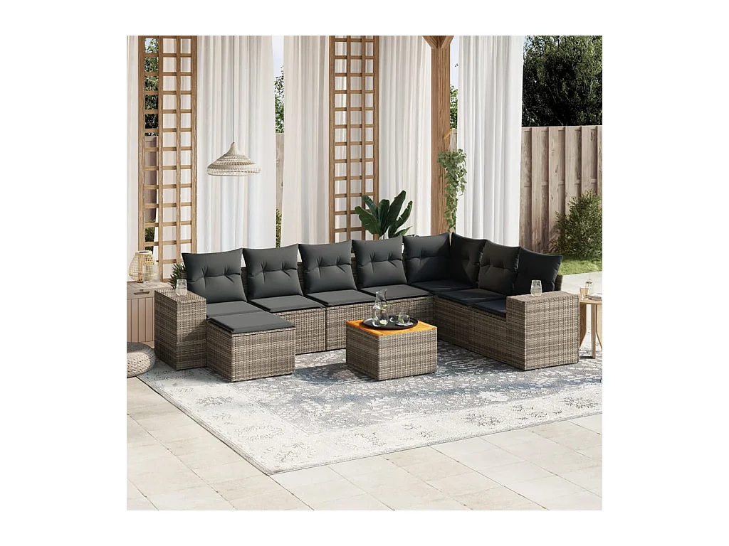 9-delige Loungeset met kussens poly rattan grijs