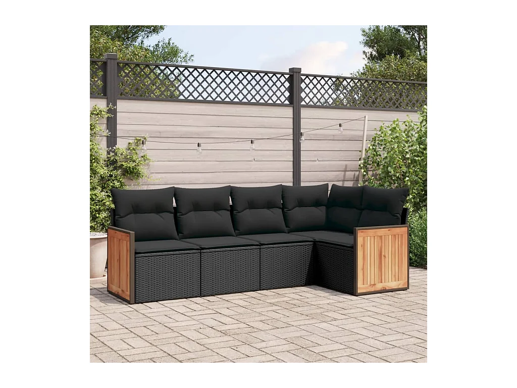 5-delige Loungeset met kussens poly rattan zwart