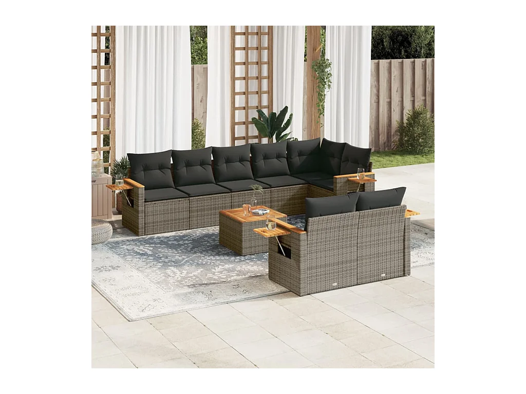 Salon de jardin 9 pcs avec coussins gris résine tressée