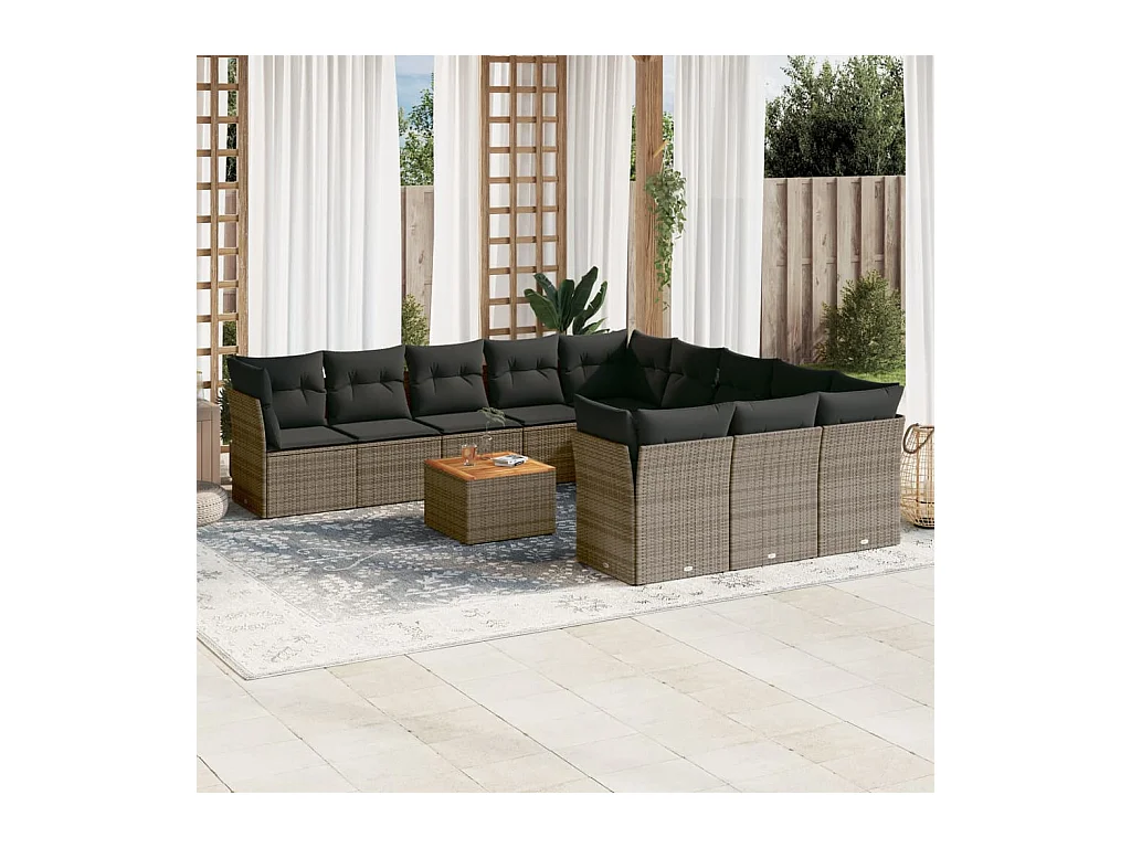 Salon de jardin avec coussins 12 pcs gris résine tressée