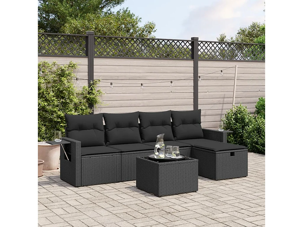 6-tlg. Garten-Sofagarnitur mit Kissen Schwarz Poly Rattan