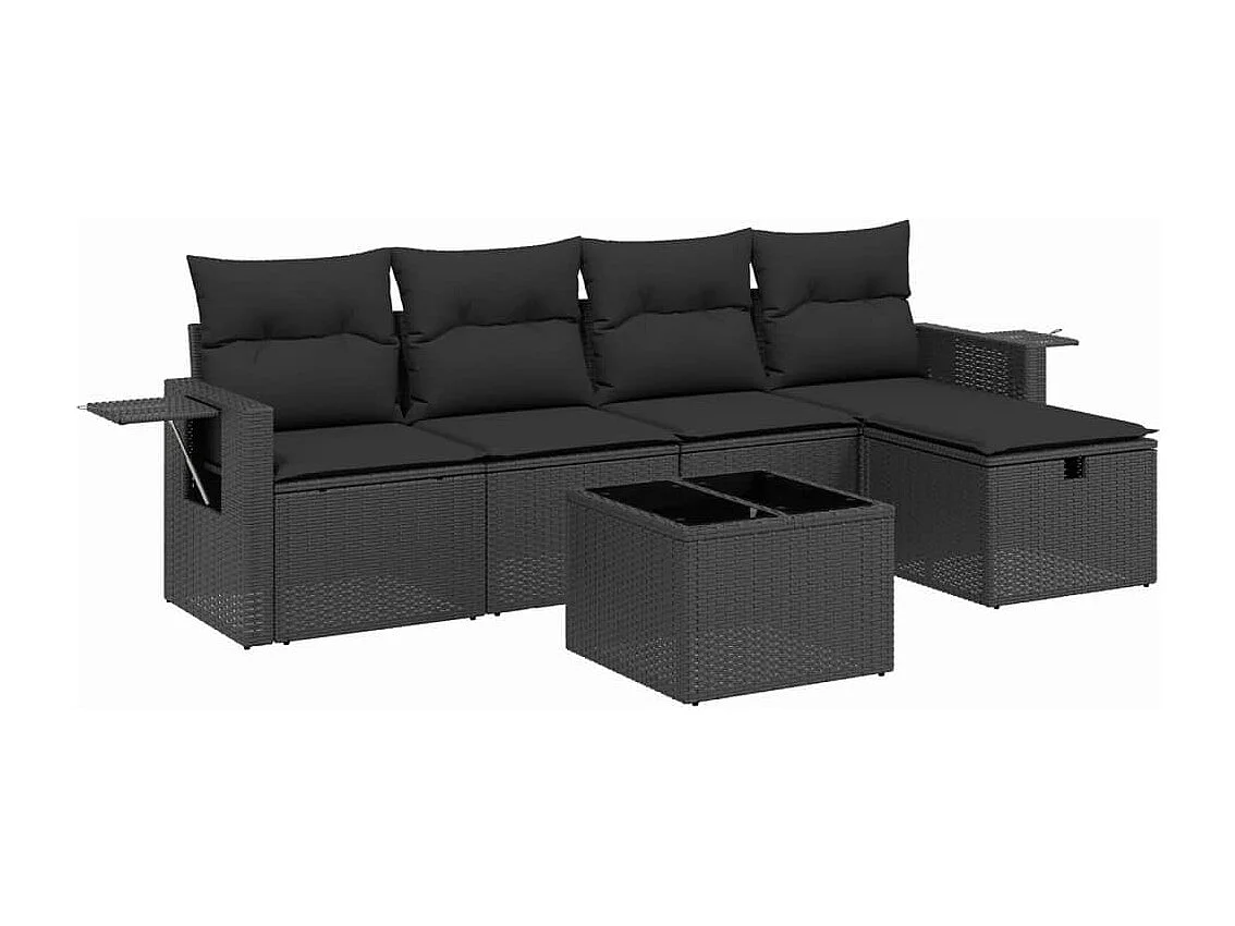 6-tlg. Garten-Sofagarnitur mit Kissen Schwarz Poly Rattan