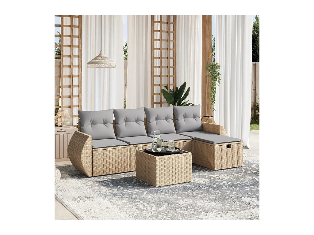 Set Divano da Giardino 6 pz con Cuscini Beige Misto Polyrattan