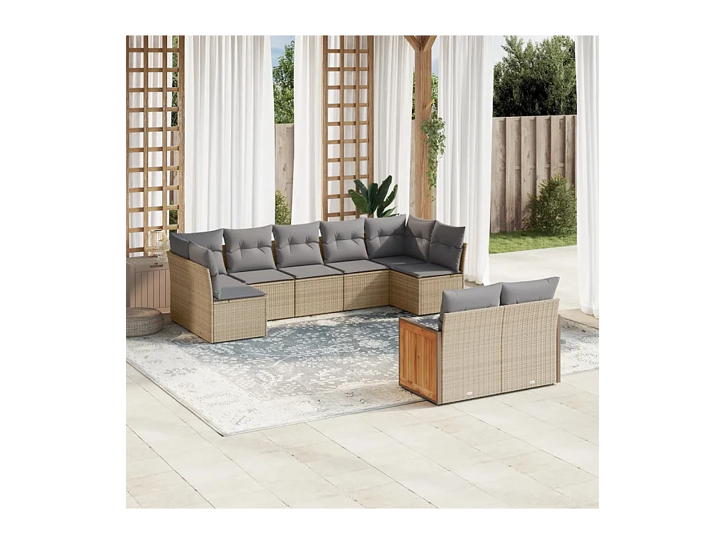 Salon de jardin avec coussins 9 pcs beige résine tressée