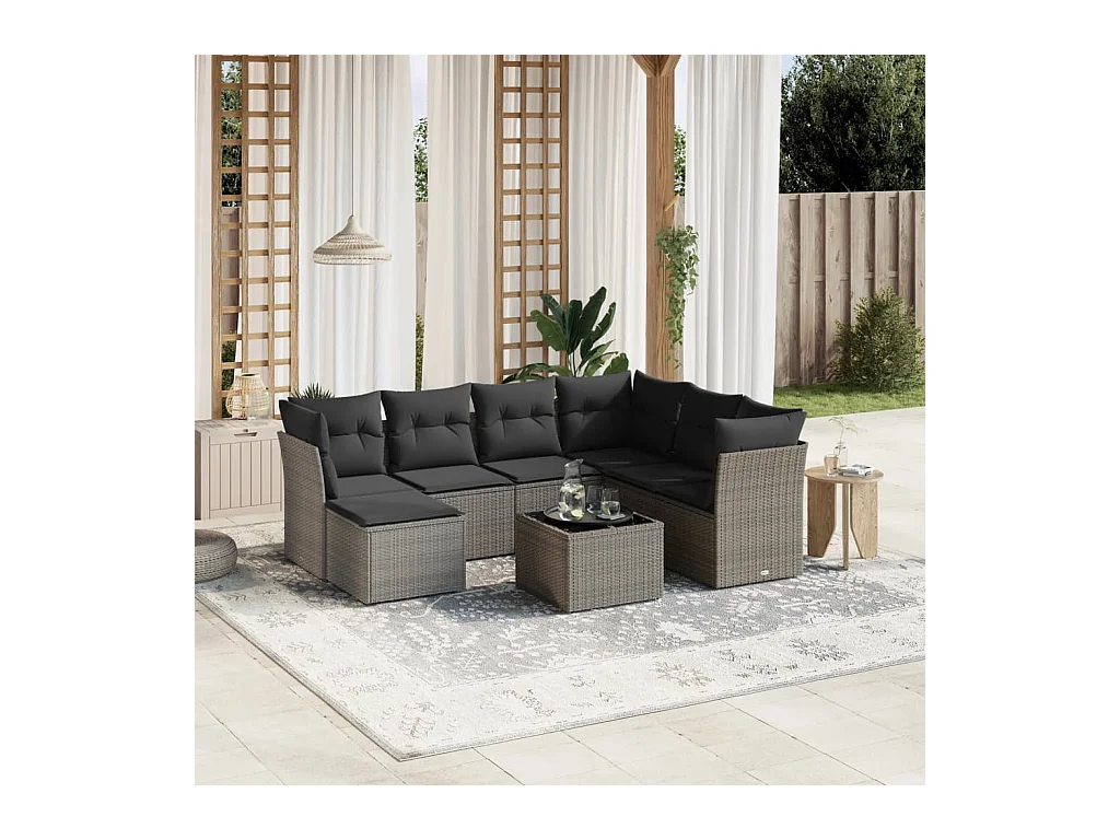 Salon de jardin 8 pcs avec coussins gris résine tressée