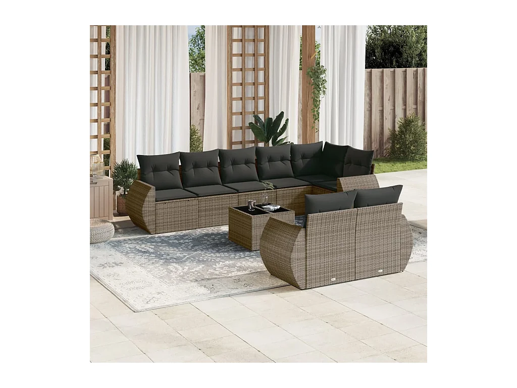 9-delige Loungeset met kussens poly rattan grijs