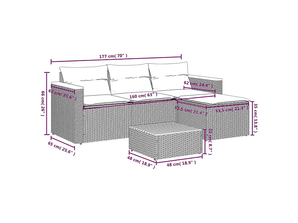 Set Divano da Giardino 3 pz con Cuscini Beige in Polyrattan