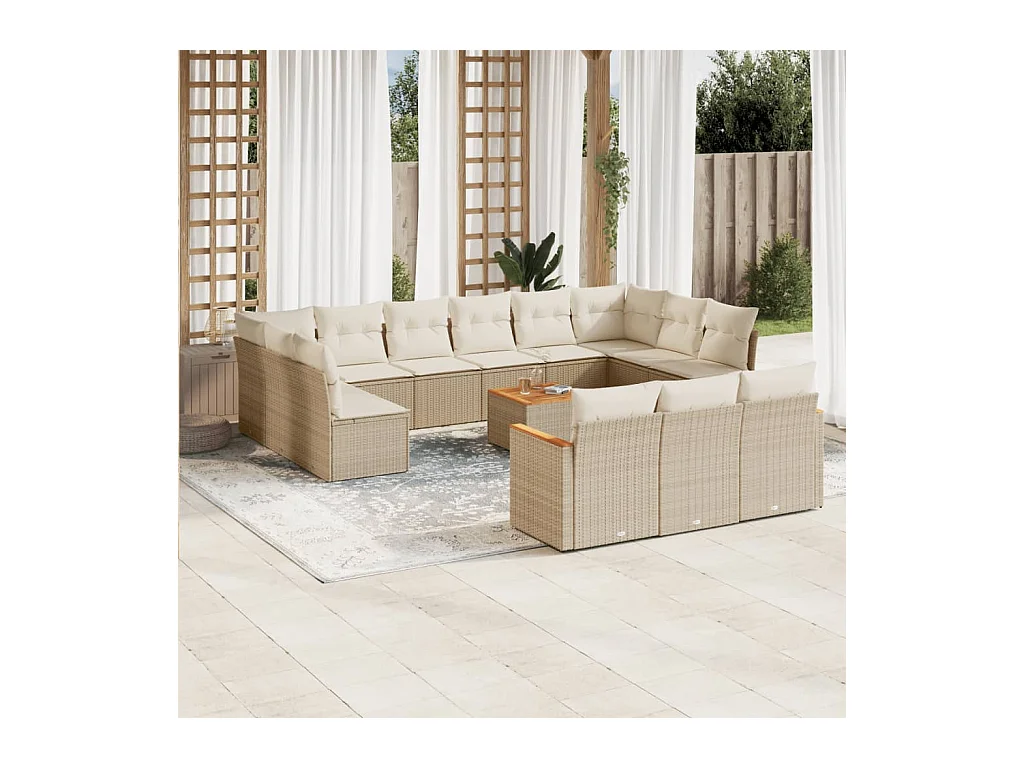 Salon de jardin avec coussins 14 pcs beige résine tressée