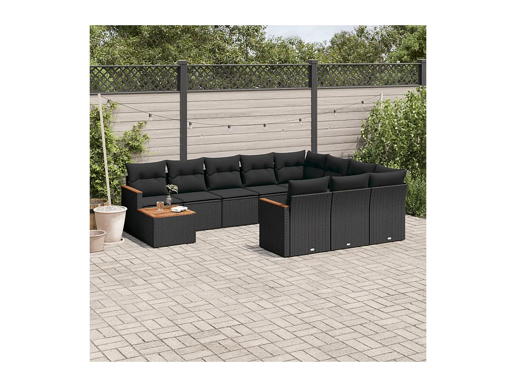 11-delige Loungeset met kussens poly rattan zwart