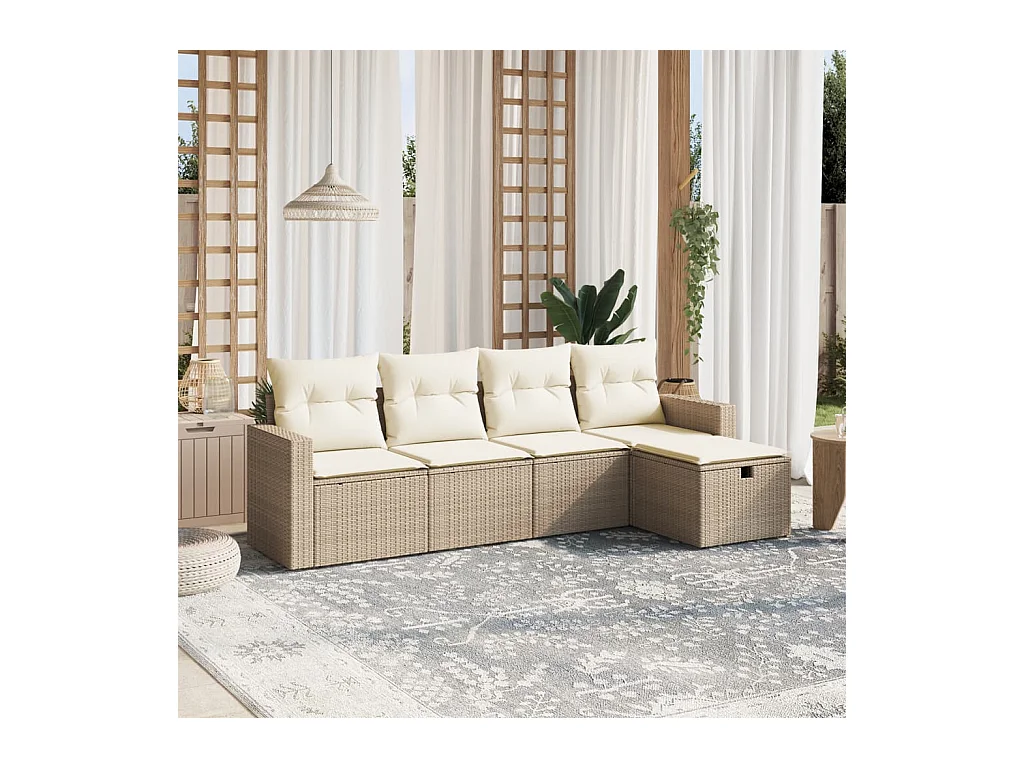 Set Divano da Giardino 5 pz con Cuscini Beige in Polyrattan