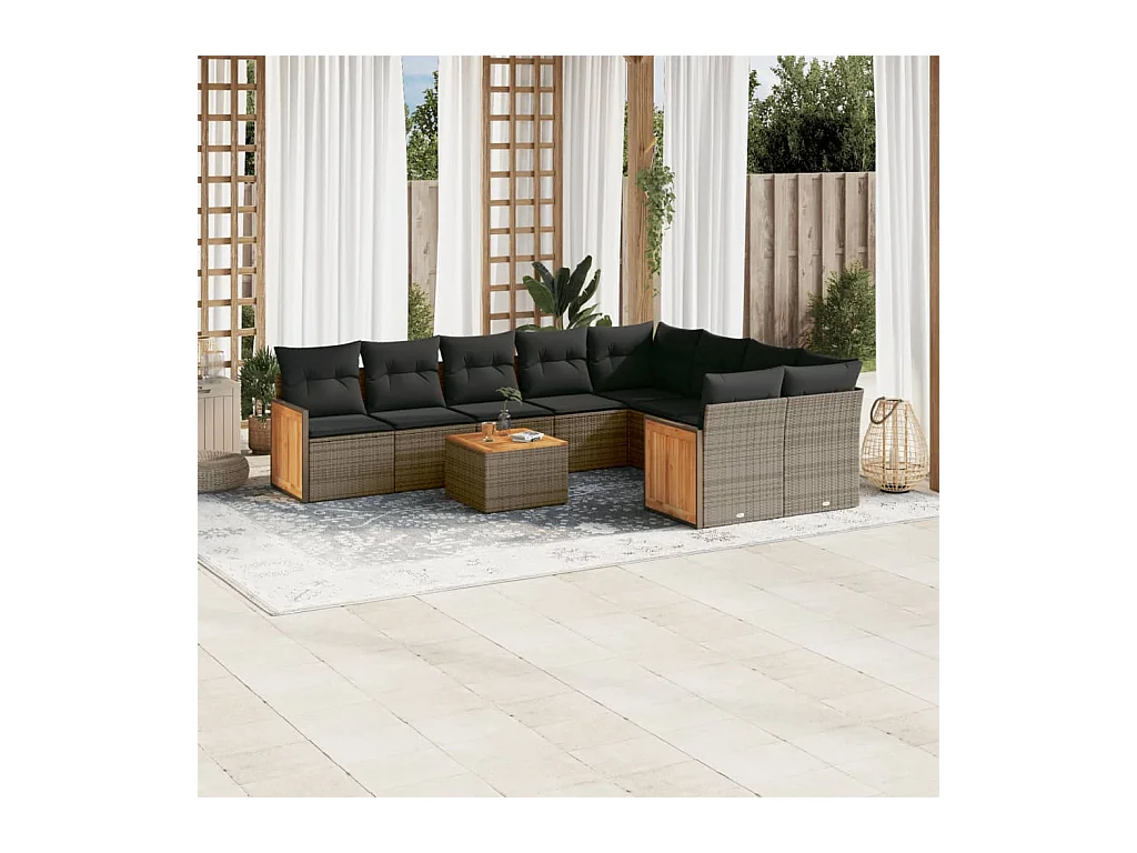Salon de jardin avec coussins 10 pcs gris résine tressée
