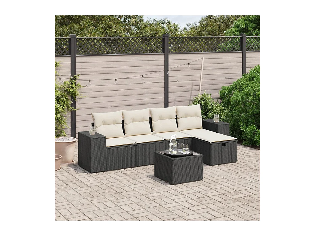 Salon de jardin 6 pcs avec coussins noir résine tressée