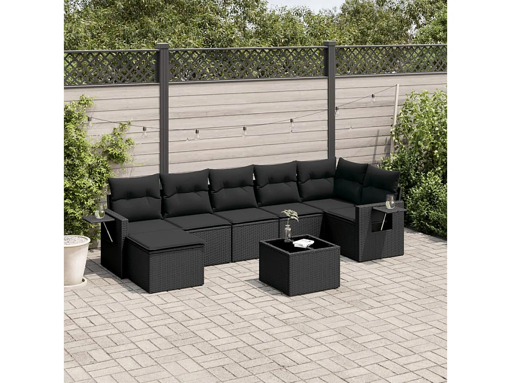 8-tlg. Garten-Sofagarnitur mit Kissen Schwarz Poly Rattan