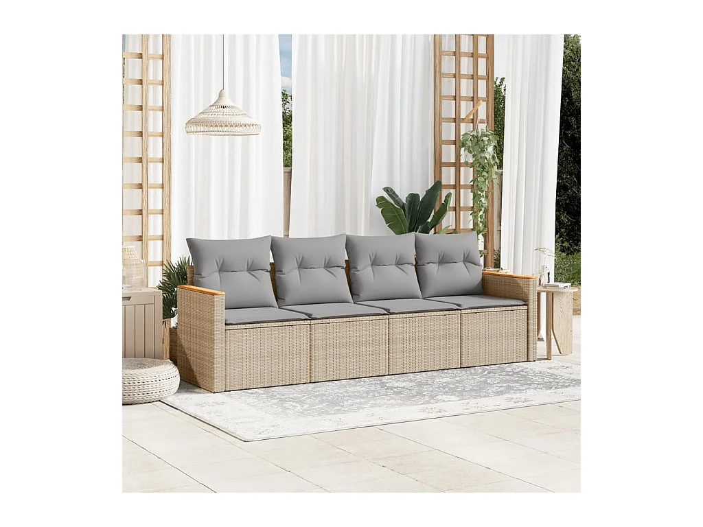 Set Divano da Giardino 4 pz con Cuscini Beige in Polyrattan