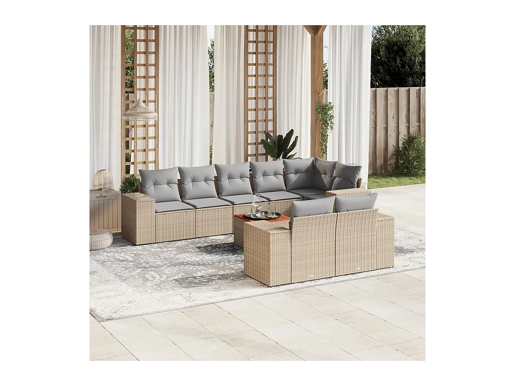 Salon de jardin avec coussins 9 pcs beige résine tressée