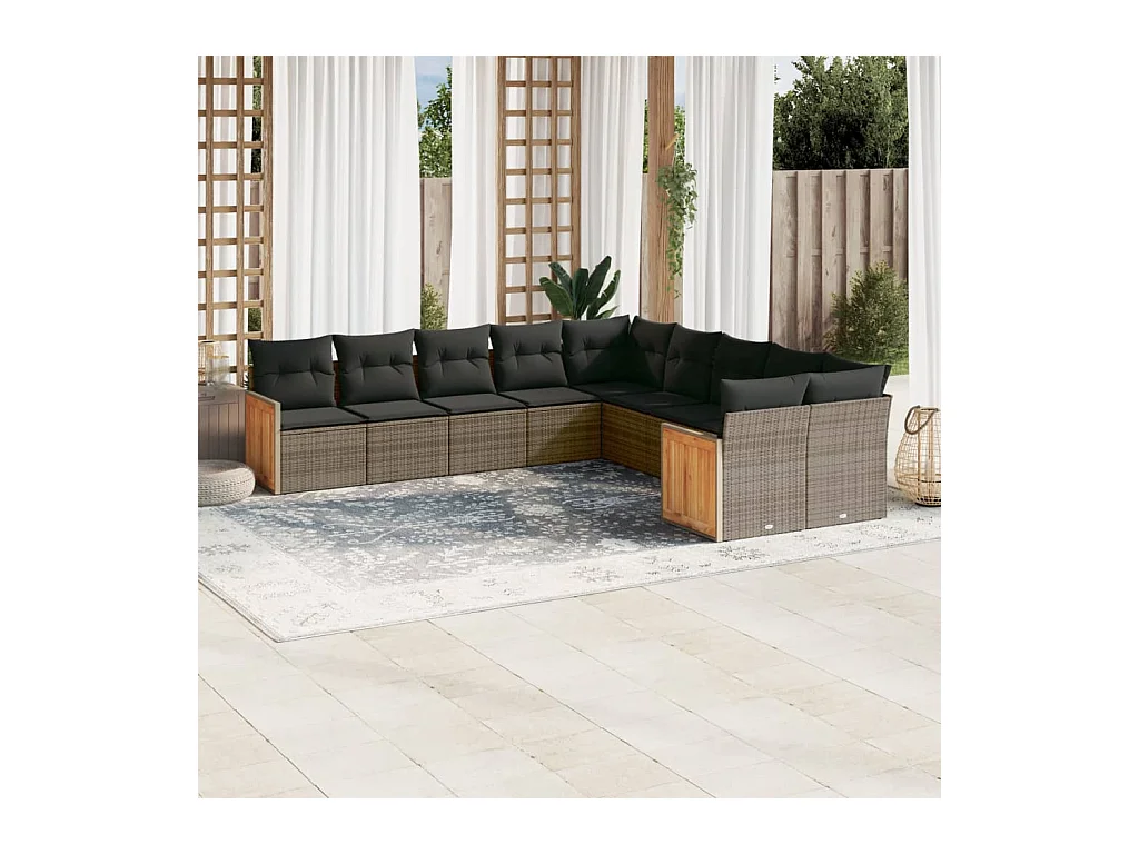 10-tlg. Garten-Sofagarnitur mit Kissen Grau Poly Rattan