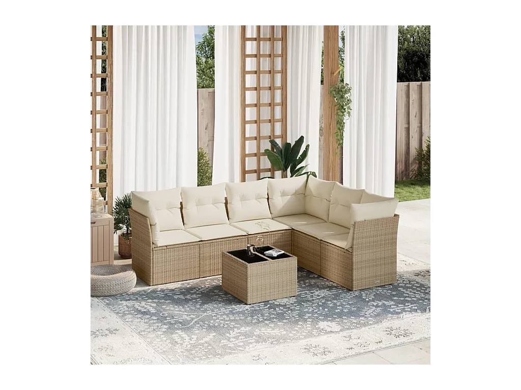Salon de jardin avec coussins 7 pcs beige résine tressée