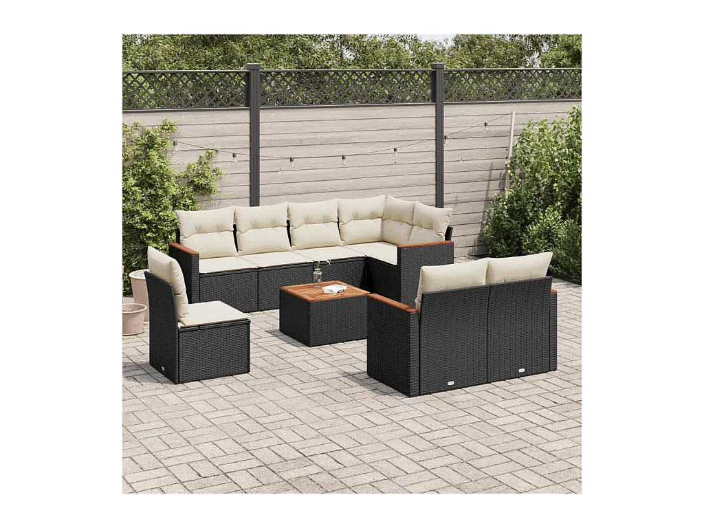 Set Divani da Giardino 9 pz con Cuscini Nero in Polyrattan