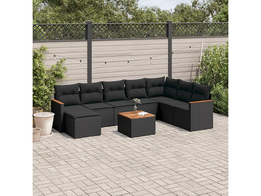 Salon de jardin 9 pcs avec coussins noir résine tressée
