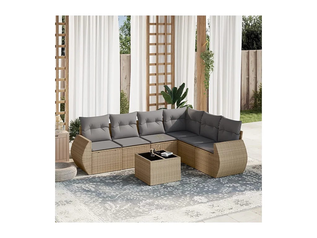 7-delige Loungeset met kussens poly rattan beige