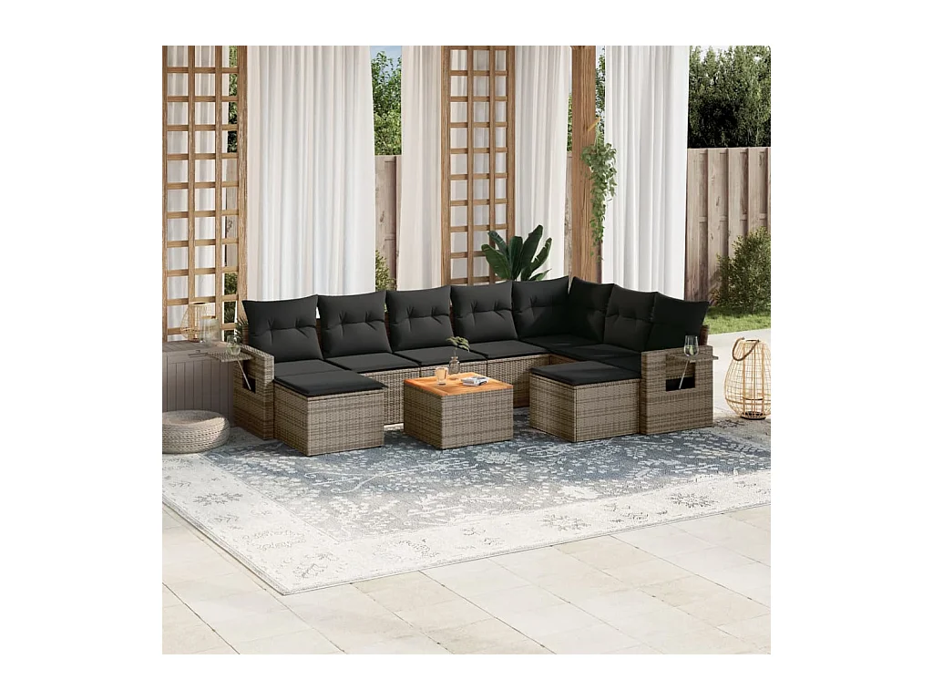 Salon de jardin avec coussins 10 pcs gris résine tressée