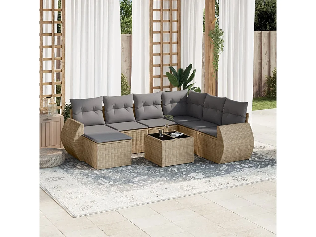 Set Divano da Giardino 8 pz con Cuscini Beige in Polyrattan
