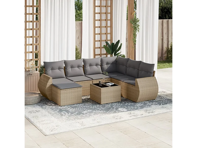 Set Divano da Giardino 8 pz con Cuscini Beige in Polyrattan