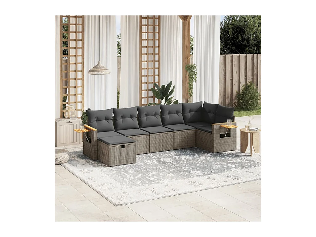 Salon de jardin avec coussins 7 pcs gris résine tressée