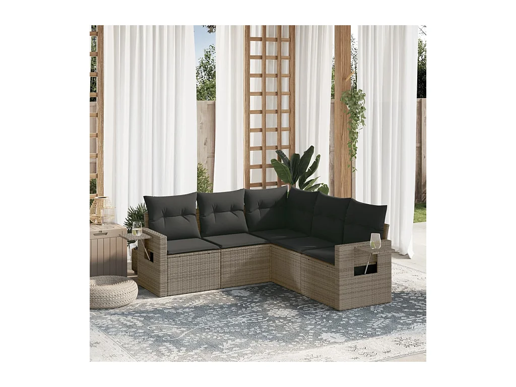 Salon de jardin 5 pcs avec coussins gris résine tressée