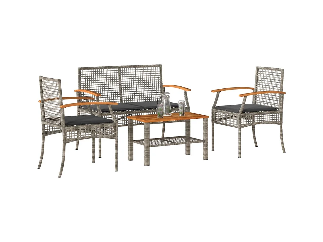 4-tlg. Garten-Lounge-Set mit Kissen Grau Poly Rattan