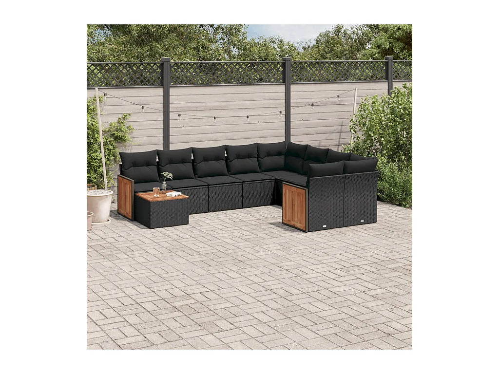 Salon de jardin 10 pcs avec coussins noir résine tressée