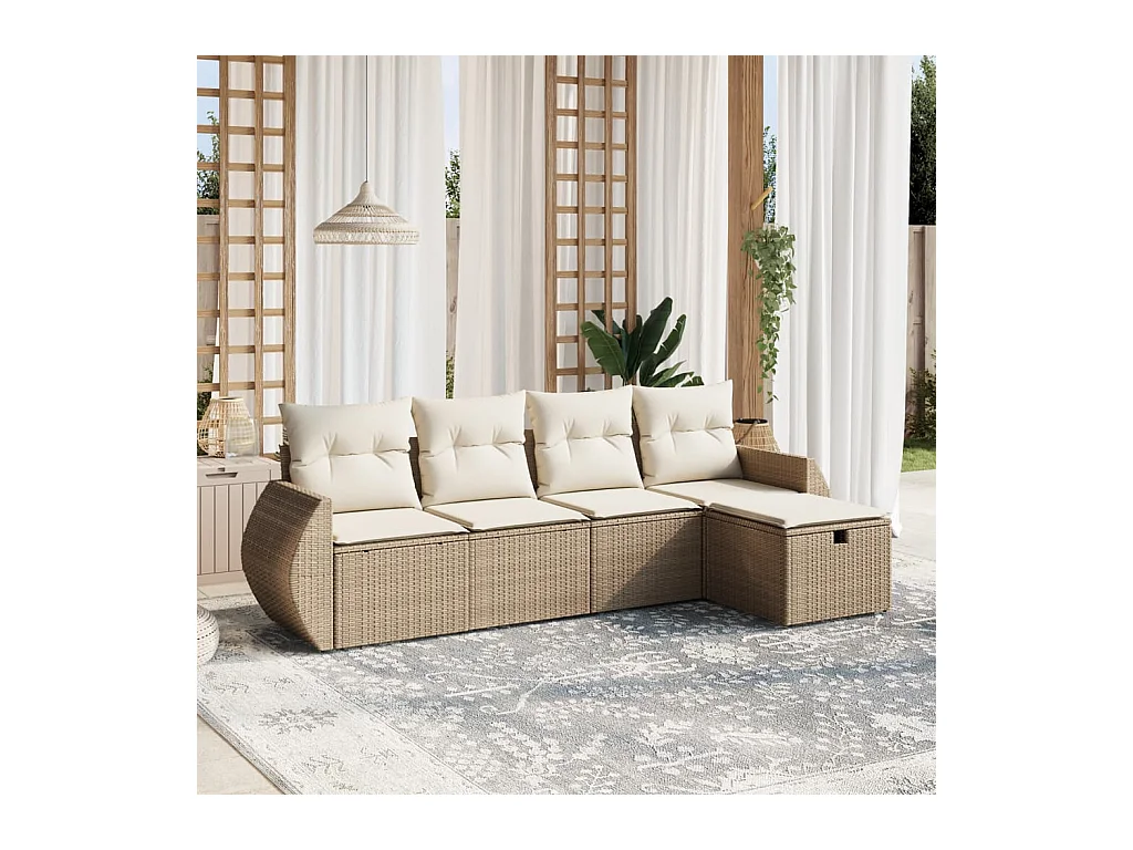 Set Divano da Giardino 5 pz con Cuscini Beige in Polyrattan