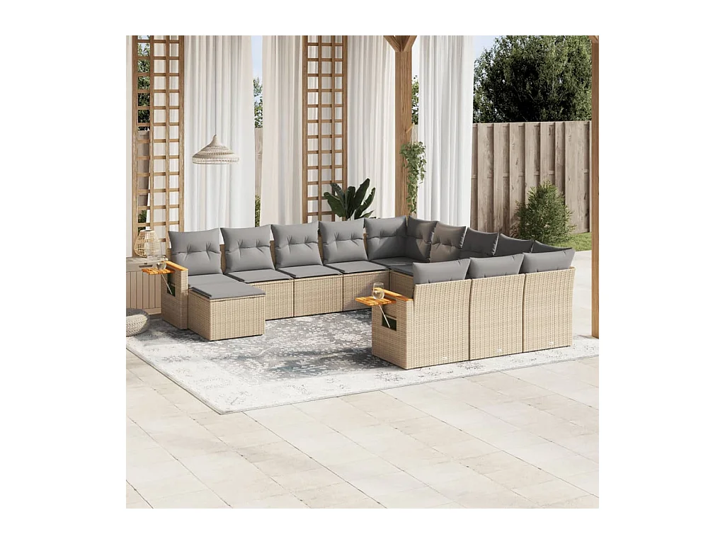 11 pcs conjunto sofás de jardim c/ almofadões vime PE bege