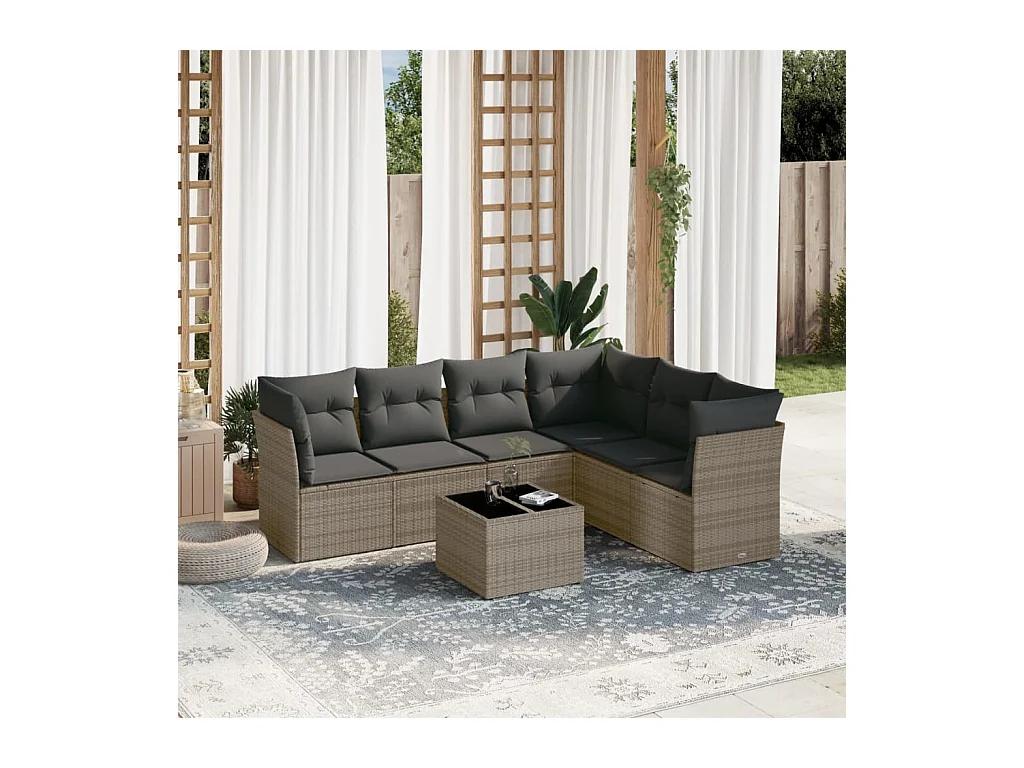 7-delige Loungeset met kussens poly rattan grijs